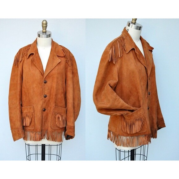 Vintage Fringed Leather Jacket Rodeo Ranch Wear Mens Western Fringed Coat